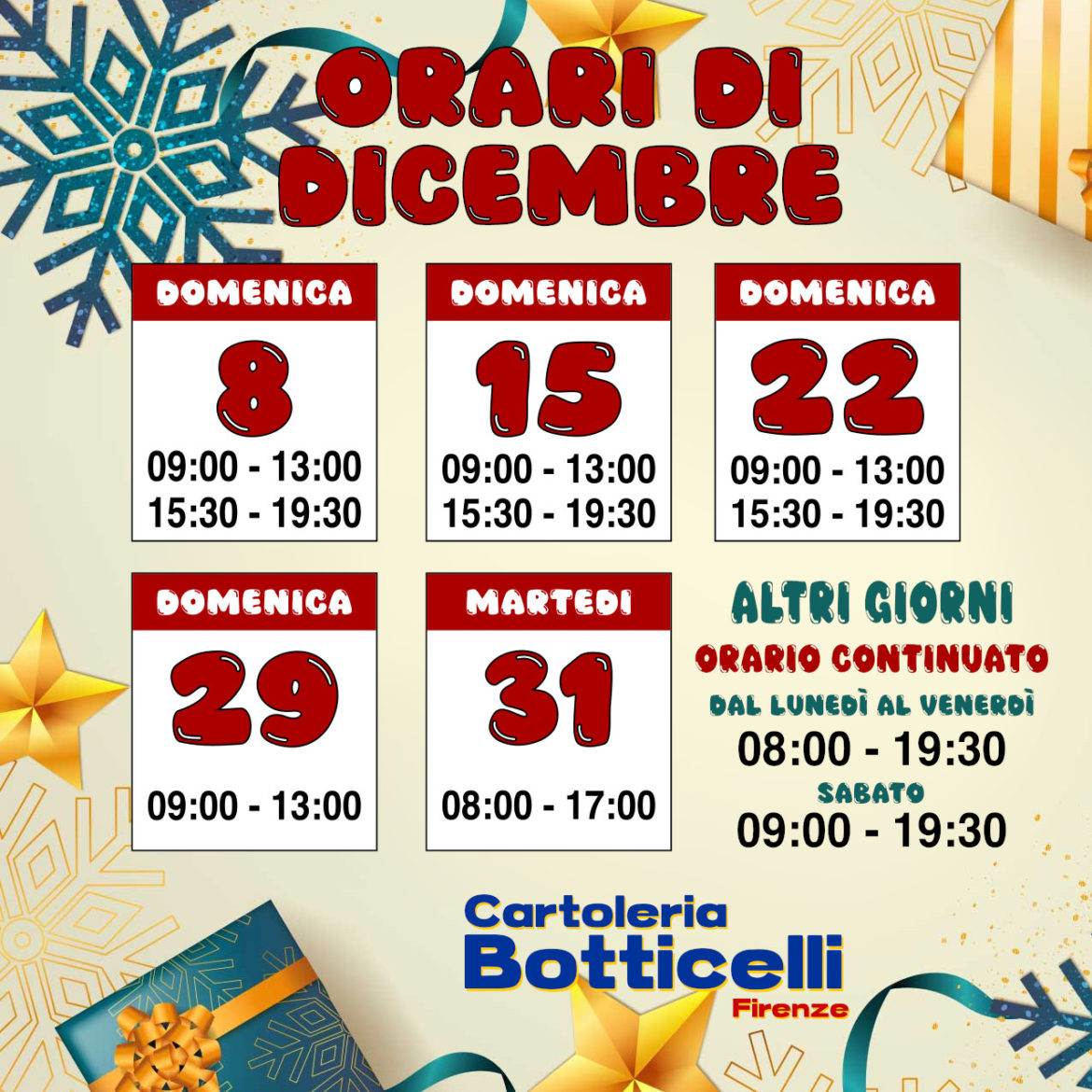 Orario di Dicembre 2024. Domenica 8, 15 e 22 dicembre: 09.00 - 13.00/15.30 - 19.30. Domenica 29 dicembre: 09.00 - 13.00. Martedì 31: 08.00 - 17.00. Orario continuato (Dicembre): Dal lunedì al venerdì: 08.00 - 19.30. Sabato: 09.00 - 19.30.