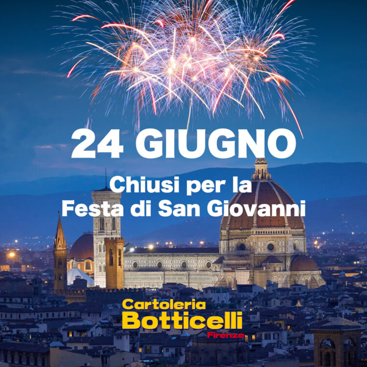 Panorama di Firenze di notte con dei fuochi d'artificio, e la scritta della chiusura per il 24 giugno.